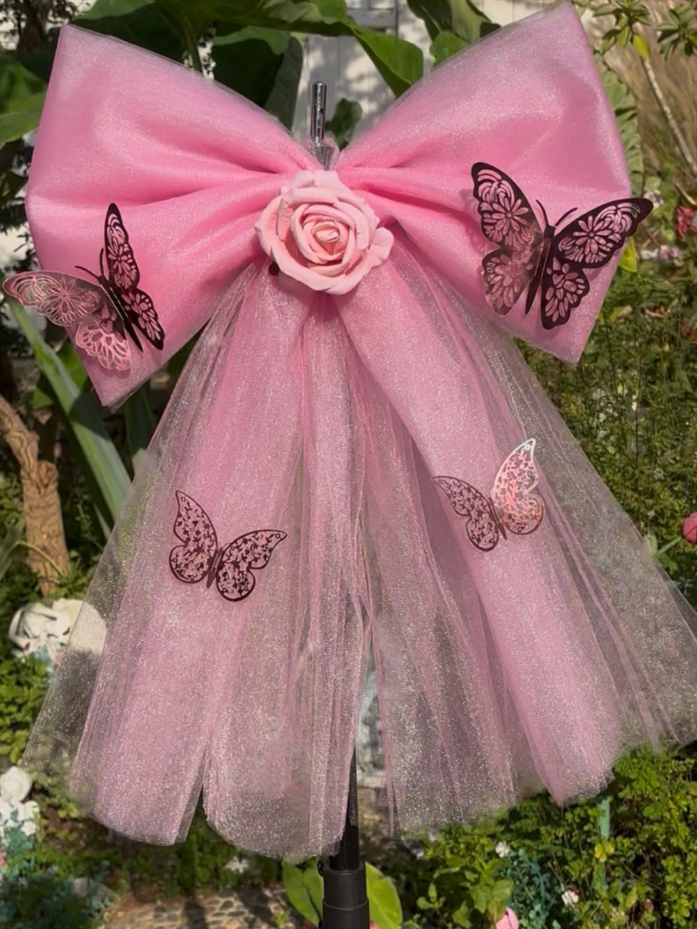 Pink Butterfly Tulle Bow Hair Clip with Rose Accent